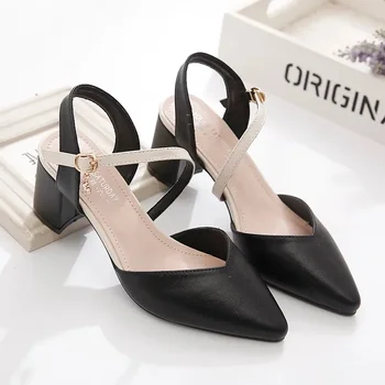 Дамска мода Европейски стилен елегантен черен Pu кожа офис квадратни обувки петата дама случайни бежови помпи Sapatos Femininas F1232
