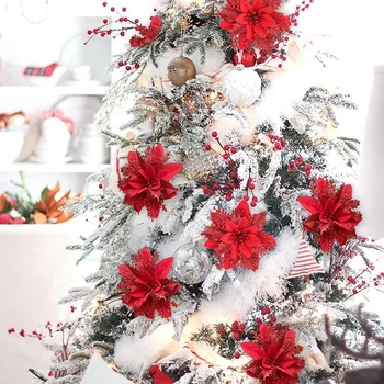 10Pcs 16cm Glitter Poinsettia изкуствени цветя коледно дърво декорации DIY коледно дърво орнаменти Коледа дома декор