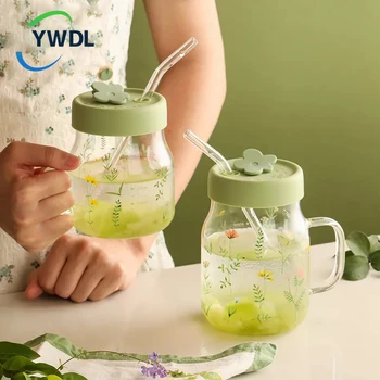 YWDL 600/780ml трева модел чаша със слама и капак стъкло чаша с градуирана топлоустойчива чаша за кафе мляко съдове за пиене