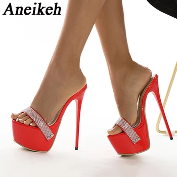 Aneikeh Секси Bling платформа високи сандали чехли летни жени мода Peep Toe плитък 17CM тънък ток обувки приплъзване на сладко парти