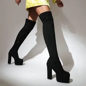 Faux велур кожа Overknees жени зимни крака нагреватели обувки платформа блок високи токчета плюс размер 46 47 48 широки крака участък ботуши