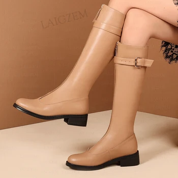 LAIGZEM жени коляното високи ботуши кожа 4CM ниски токчета ботуши удобни фронт цип нагоре ръчно изработени обувки жена плюс размер 33 41 43 45