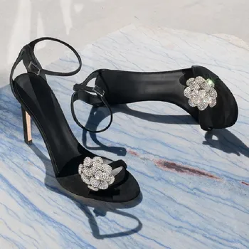 черен секси високи токчета сандали Laddies помпи кристал цвете шило отворени пръсти обувки за жени лятна катарама каишка Zapatos Mujer