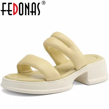 FEDONAS Платформи Чехли Лято Дебели високи токчета Дамски сандали Мода Случайни парти Естествена кожа Помпи Обувки за свободното време Жена