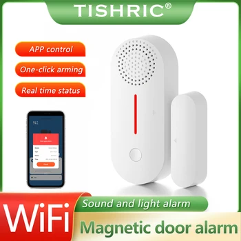 TISHRIC Smart WiFi сензор за прозорци на вратите Интелигентна автоматизация на дома Звукова светлина Магнитна аларма за врата Работа с Google Home Alexa