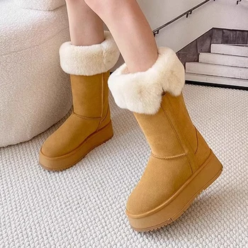 Велур кожа Flats средата теле платформа сняг ботуши жени случайни плюшени топли уютни обувки 2024 зимата нова марка прищявка ходене Botas Mujer