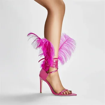 2024Summer New Women's Fashion Slim High Heel Sandals Fashion Feather Straps Women's Sexy Walk Show Banquet Party Sandals