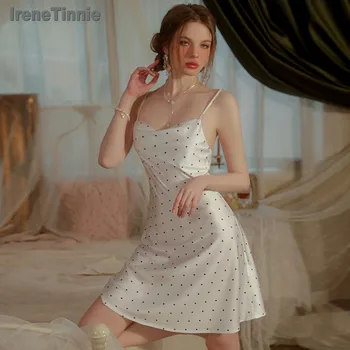 ИРЕН ТИНИ 2023 Нова бяла дантелена копринена рокля за спане Секси вълнообразна точка рокля елегантна дамска спално облекло прашка лятна нощница