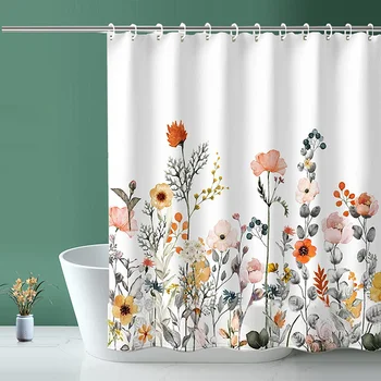 Fabric душ завеса бял цветен душ завеса водоустойчив полиестер отпечатани баня дял декоративни с пластмасова кука