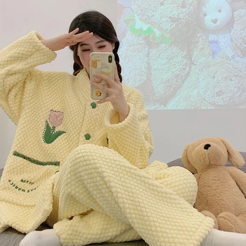 Сладка пижама комплект за жени Зимно сгъстяване спално облекло момиче корал руно свободно време носят лале печат пижама нощни облекла с джоб
