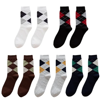 Мъже есенни памучни чорапи реколта Argyle каре шарени печат дишаща официален бизнес случайни тръба трикотаж 37JB
