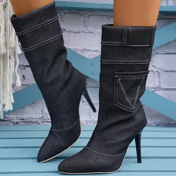 Обувки за жени 2023 Гореща продажба Slip-on Дамски ботуши Мода Твърди парти ботуши Жени Секси заострени пръсти тънки токчета Ботуши в средата на прасеца