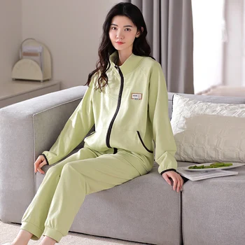 Най-новите жени 100% памук пижама комплект дълъг ръкав спално облекло женски случайни твърди 2 парче комплект