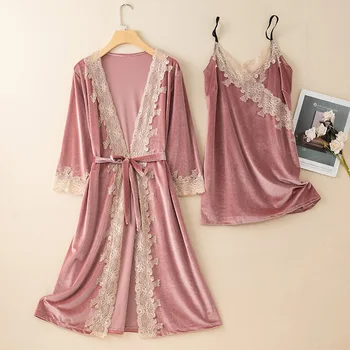 Дамско спално облекло Секси дантела Twinset халат есен кадифе кимоно халат рокля нощница комплект хлабав велур дома рокля фоайе износване