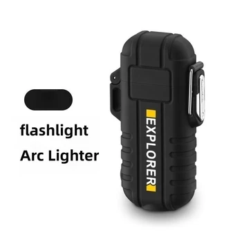 Нова външна преносима водоустойчива импулсна запалка с фенерче USB зареждане безпламъкова двойна дъга плазмена запалка Мъжки подарък