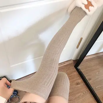 Дебели чорапи Harajuku Kawaii памук меки ежедневни чорапи над коляното плътен цвят колеж стил чорапи анти-триене