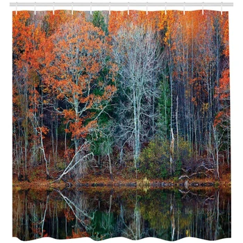Оставя гората с дървесни отражения над езерото Селска гора Живописна природна концепция Душ завеса Баня декор