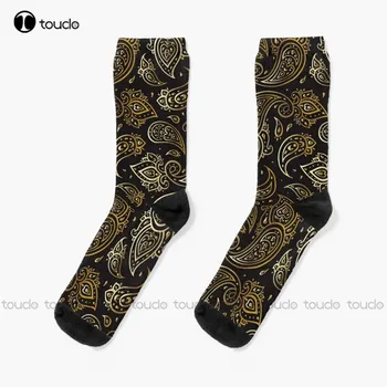 Черно и златно Paisley Floral Art - Елегантни златни дизайнерски чорапи Дамски черни чорапи Унисекс възрастни тийнейджъри младежки чорапи Коледен подарък