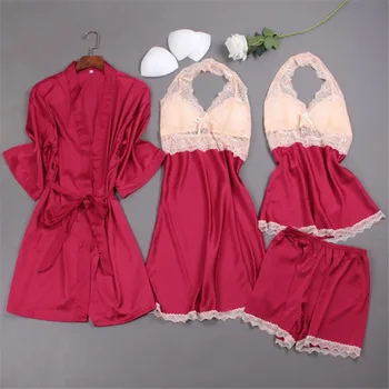 Дамски секси роба & рокля комплекти дантела халат + нощница 4 четири парчета спално облекло дамски сън комплект изкуствена копринена роба