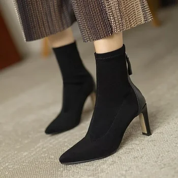 Обувки женски 2024 мода глезена дамски ботуши елегантни модерни ботуши жени шиене цип заострени пръсти тънък ток стадо обувки жени