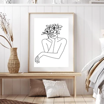 Жена глава с цвете абстрактна линия изкуство отпечатъци черно бяло скандинавски минималистичен плакат стена изкуство картина платно живопис начало декор