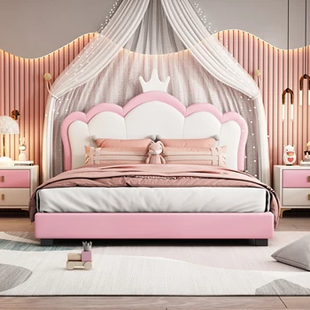 [Flash Sale]Пълен / Twin размер тапицирана принцеса легло с корона табла &Footboard PU платформа легло рамка бяло + розово [US-W]