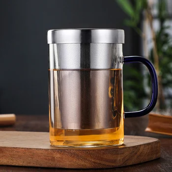 500ml стъклена чаша за чай Боросиликатна стъклена чаша с инфузер и капак Чаена чаша за домашен офис за варене на чай Филтърна чаша за чай за пиене