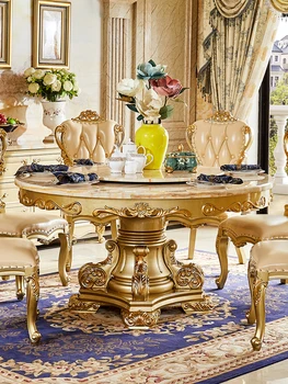 Мебели за ресторанти Европейска мраморна маса масивна дървена кръгла маса шампанско панделка грамофон светлина луксозна маса стол combinatio