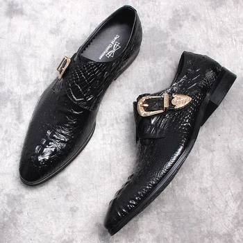 Крокодил модел мъже сватбена рокля обувки заострени пръсти черен бордо мокасини естествена кожа приплъзване на мъжки случайни Оксфорд обувки