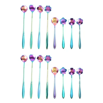 16Pcs комплект лъжици за цветя, 2 различни размера цветни чаени лъжички от неръждаема стомана Rainbow Coffee Stirring Spoon