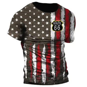 Реколта улица износване САЩ флаг модел мъжка тениска САЩ RouTE 66 отпечатани къс ръкав случайни O-образно деколте извънгабаритни пуловер дрехи
