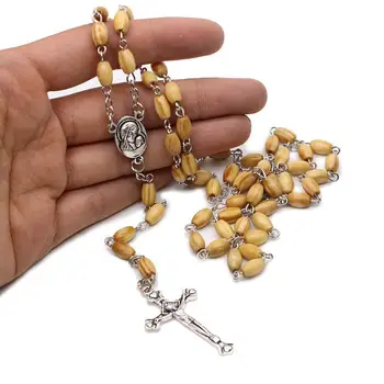 Мода ръчно изработени кръгли топчета католическа броеница за кръст религиозни дървени мъниста мъже огърлица чар подарък