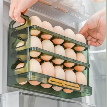 Egg Skelter Дозатор Rack 3 слой въртящ се държач за яйца за хладилник 30 Контейнер за съхранение на яйца за многократна употреба Универсална тава за яйца