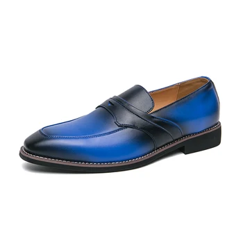 Бизнес кожа мъжки обувки мода приплъзване на мокасини дишаща мъжки случайни меки обувки сини апартаменти обувки парти сватбени обувки