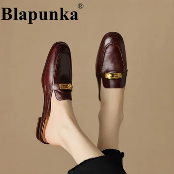 Blapunka Ръчно изработени жени от естествена кожа мулета обувки марка дизайнер метал заключване приплъзване мокасини чехли сандали бежово