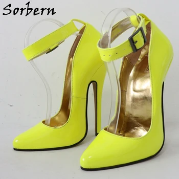 Sorbern 16 см висок ток жени помпа неон жълто широк глезена каишка заострен пръсти Stilettos секси токчета парти обувки обувки по избор цветове