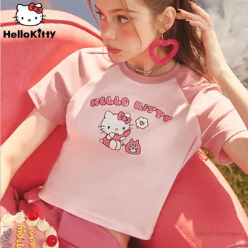 Sanrio Hello Kitty контраст къс ръкав тениски жени 2023 лятна карикатура отпечатани сладък кроп топ Y2k Harajuku тънък къси тениски