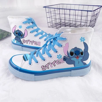 NEW Disney Stitch Kawaii сладък дамски висок връх платно обувки аниме периферни карикатура крем синьо графити открит ежедневни обувки