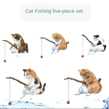 карикатура риболов котка орнаменти мини сладък котка скулптура котка DIY декоративни заседание риболов котка аквариум риба резервоар озеленяване