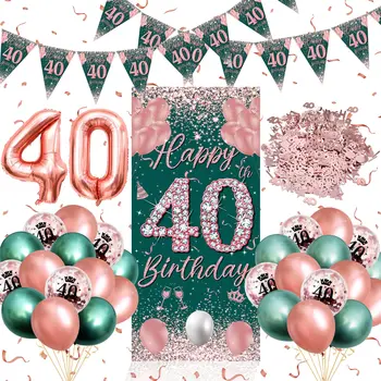 40th Декорация за рожден ден за жени Консумативи за рожден ден Розово злато Зелени балони за рожден ден 40-ти плакат за банер за рожден ден