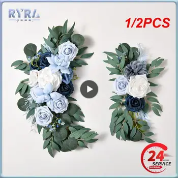 1/2PCS Yannew изкуствени сватбени арка цветя комплект Boho прашна роза синьо евкалипт гирлянд завеси за сватбени декорации добре дошли