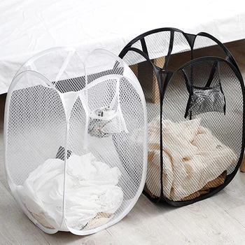 Сгъваема мрежеста кошница за мръсни дрехи с дръжка Мрежа с голям капацитет Дишаща кошница за съхранение Домакински дрехи Организатор на Sundries
