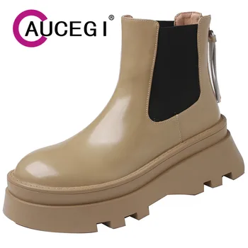 Aucegi дизайнер есен зима мода кръг пръсти глезена ботуши жени свободно време платформа дебели токчета естествена кожа цип случайни обувки