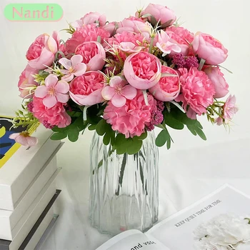 Изкуствен нов розов розов копринен божур симулация цвете букет фалшиви цветя подходящ за семейна маса сватбена декорация DIY