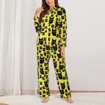 Призрачен черен котешки пижамен комплект сладък животински модерен спално облекло жени с дълъг ръкав случайни хлабав нощ 2 парчета нощно облекло голям размер