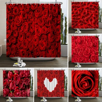 Цветя червена роза душ завеса цветен печат полиестер водоустойчива баня завеса за вана декорация с куки 180x200