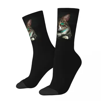 Ретро красива котка със зелени очи футболни чорапи сладък полиестер дълги чорапи за унисекс