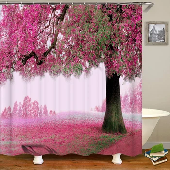 Баня Декоративни аксесоари Водоустойчива завеса Вана Красива розово дърво пейзаж екран душ завеса Cortinas De Baño