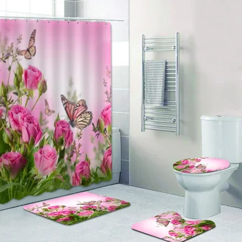 3D букет от розови рози и пеперуда баня душ завеса комплект градински цветове флорални завеси за баня мат килим килим за тоалетна