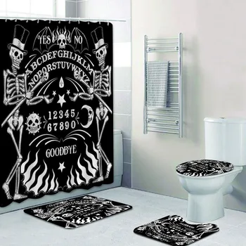 Смешни танци скелет магия Ouija съвет баня душ завеса комплект черен череп постелки за баня килими вещица Хелоуин начало декор
